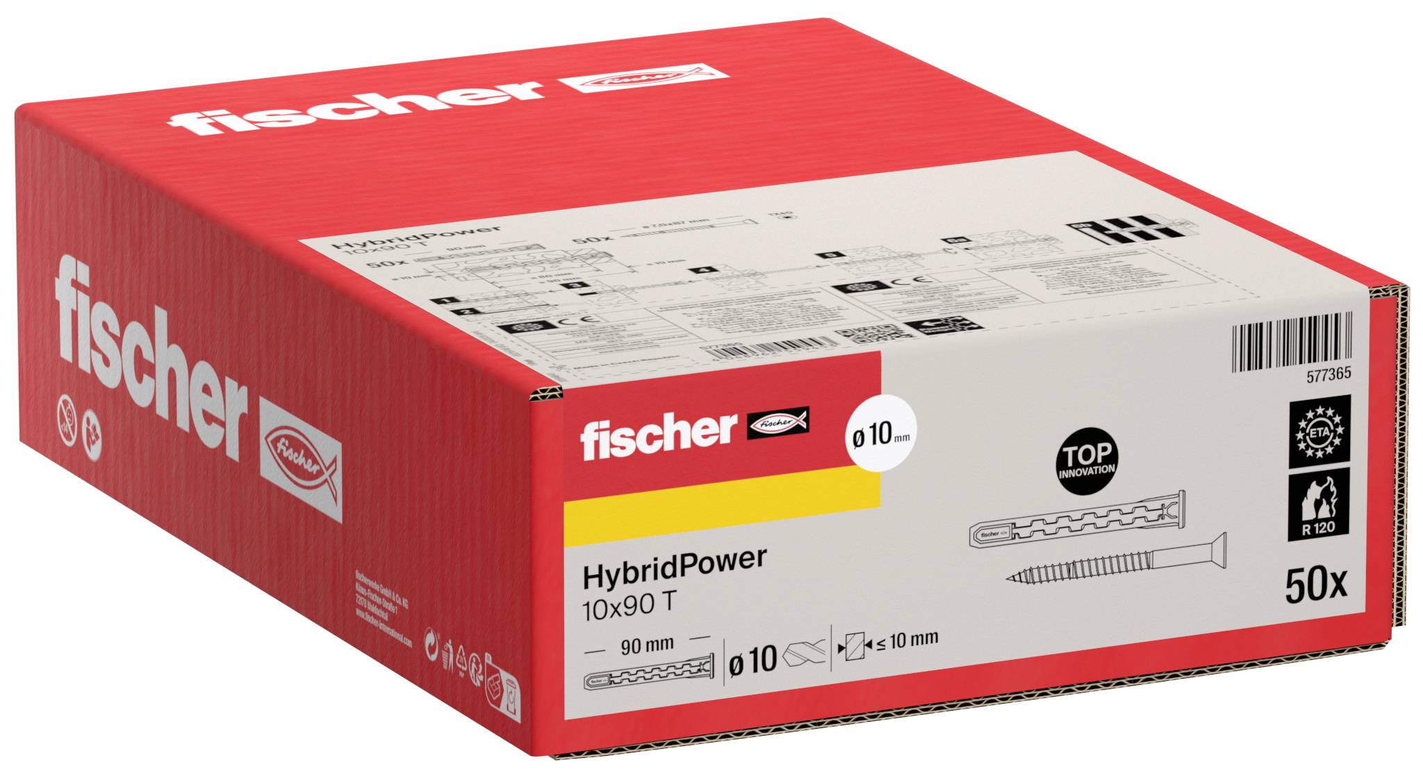 Red Fischer HybridPower rögzítőelem doboz, amely "HybridPower 10x90 T" felirattal van ellátva, az elülső oldalon 50 darab mennyiség és 10 mm-es fúrómeret látható.