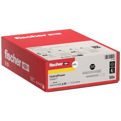 Red Fischer HybridPower rögzítőelem doboz, amely "HybridPower 10x90 T" felirattal van ellátva, az elülső oldalon 50 darab mennyiség és 10 mm-es fúrómeret látható.