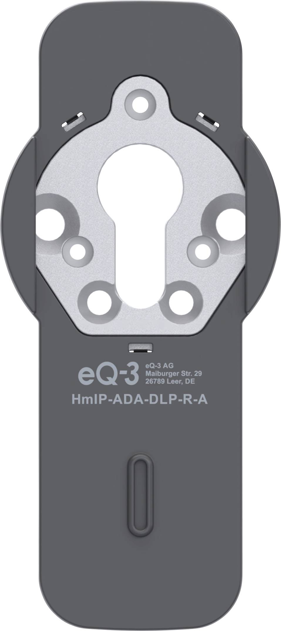 Szürke fém elektronikus zárkomponens, amely "eQ-3 HmIP-ADA-DLP-R-A" felirattal van ellátva, kulcslyuk alakú középponttal és szerelési furatok.