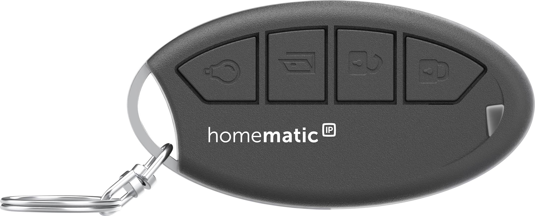 Fekete Homematic IP kulcstartó távirányító négy gombbal és kulcskarikával, elölnézetből fehér háttéren.