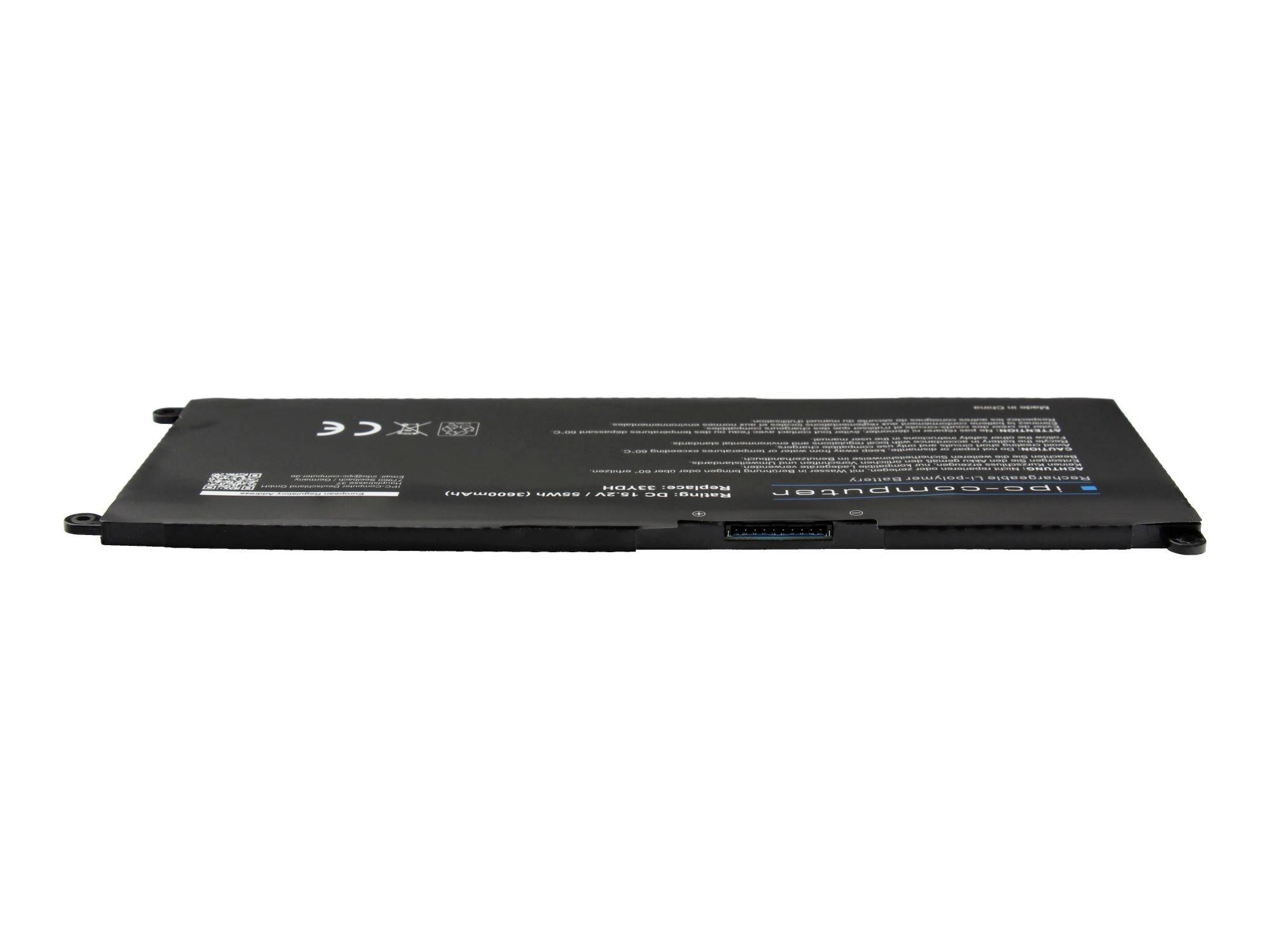 Vékony, fekete laptop akkumulátor csomag látható oldalnézetből fehér háttéren.