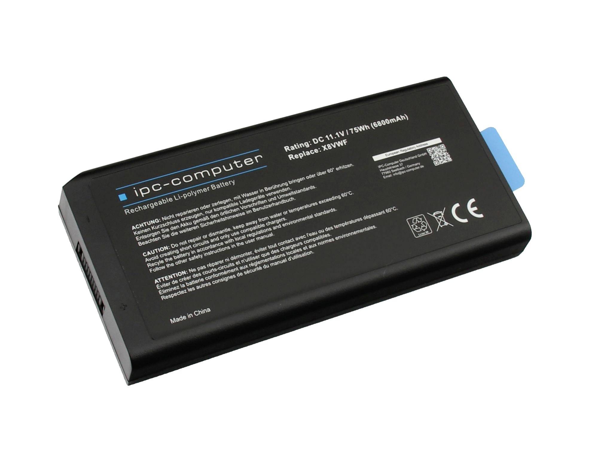 Fekete újratölthető laptop akkumulátor csomag az „ipc-computer" felirattal kék csatlakozó fül mellett fehér háttéren.