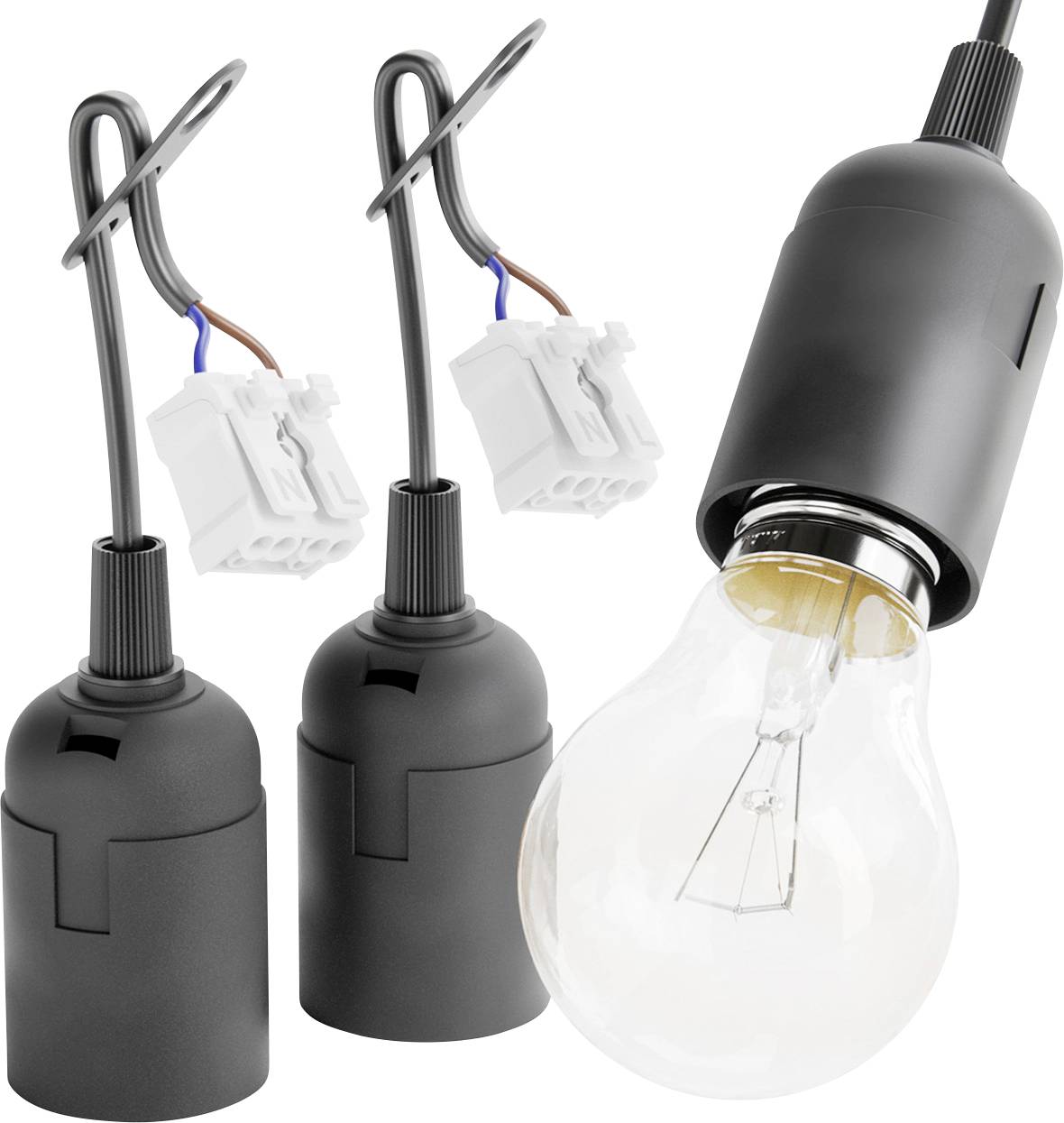 Három fekete függőlámpa-foglalat függővezetékkel; az egyik átlátszó izzóval van felszerelve, a másik kettő fehér, felfedett csatlakozó dugókat mutat.