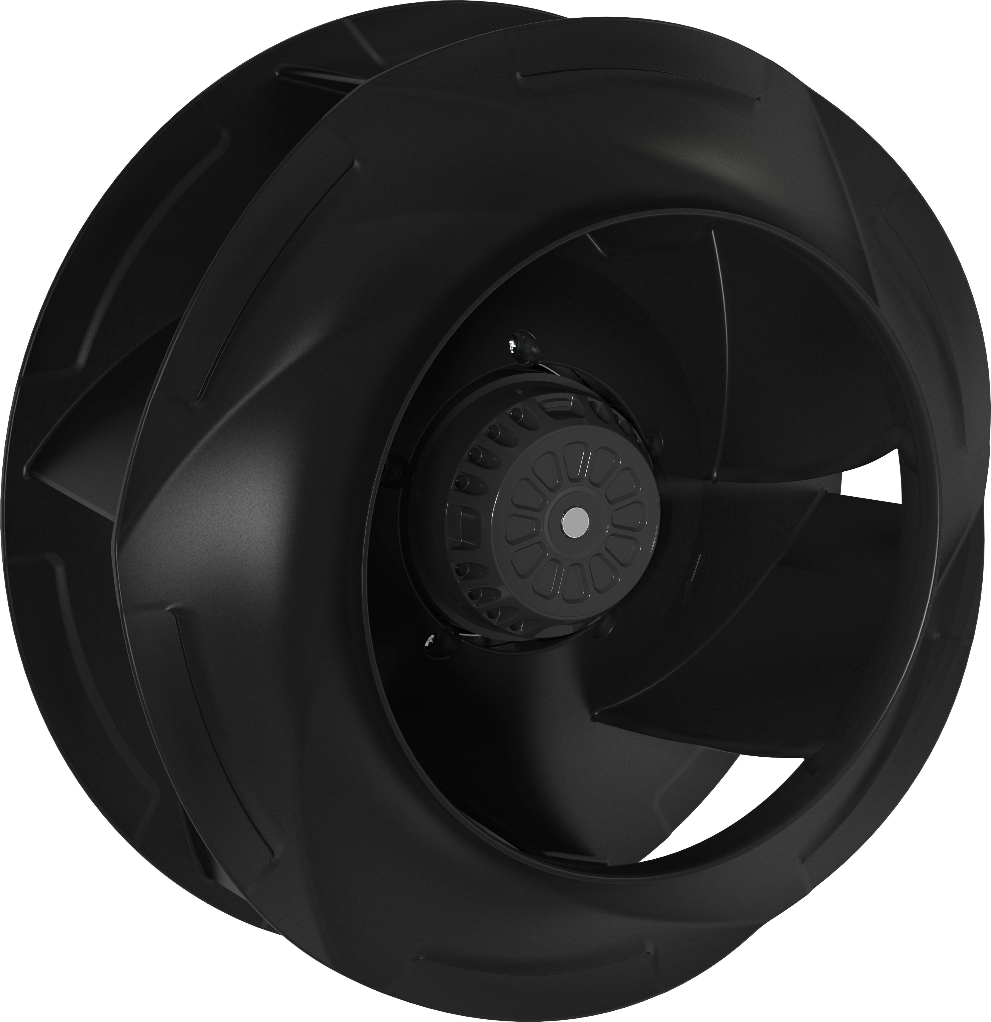 Fekete ipari ventilátor vagy fúvó lapát ívelt pengékkel, elölnézetben fehér háttéren megjelenítve.