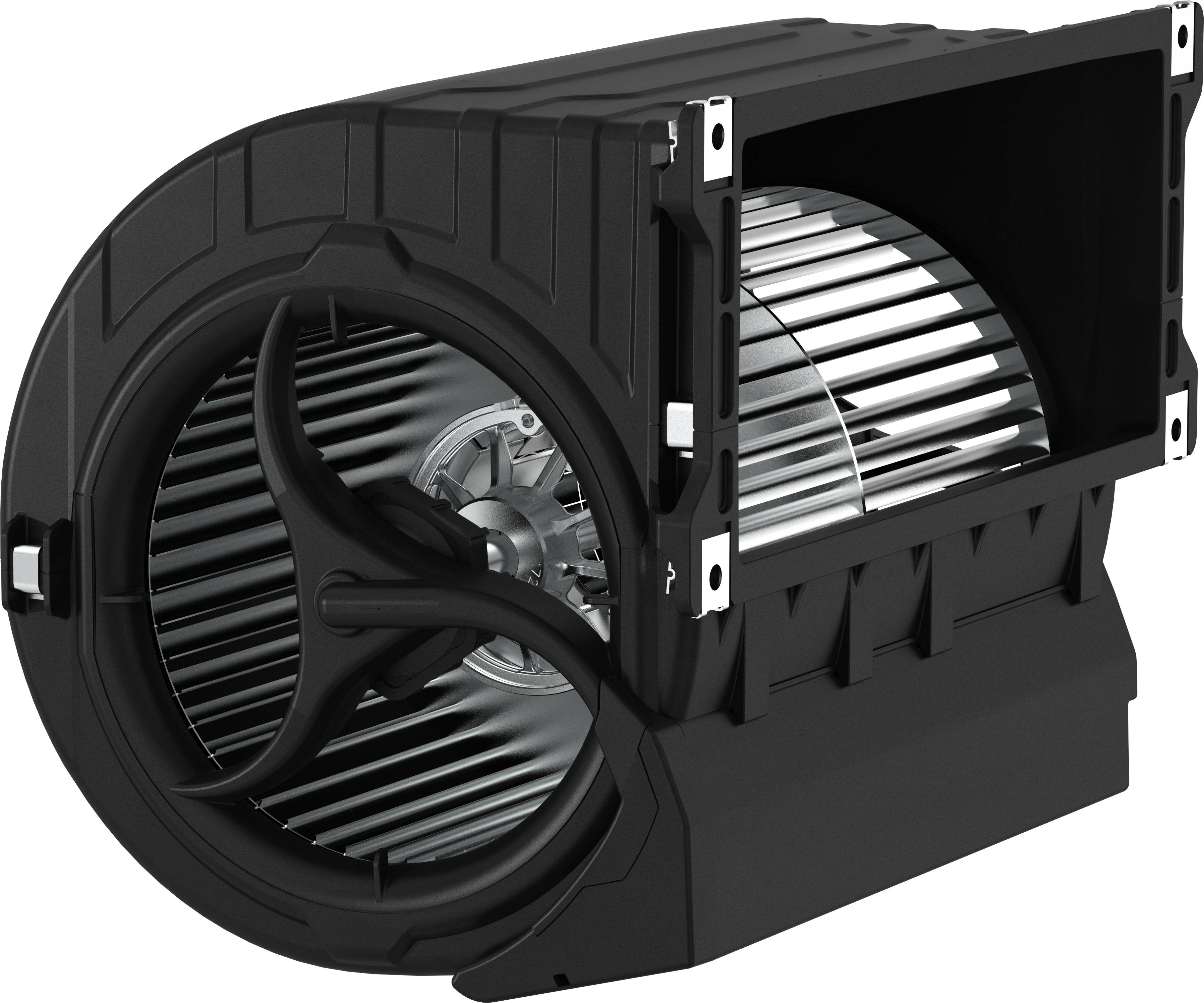 Fekete hengeres szellőztetési ventilátor vagy fúvóegység kör alakú beömlőnyílással, látható belső ventilátorlapátokkal és téglalap alakú házasággal