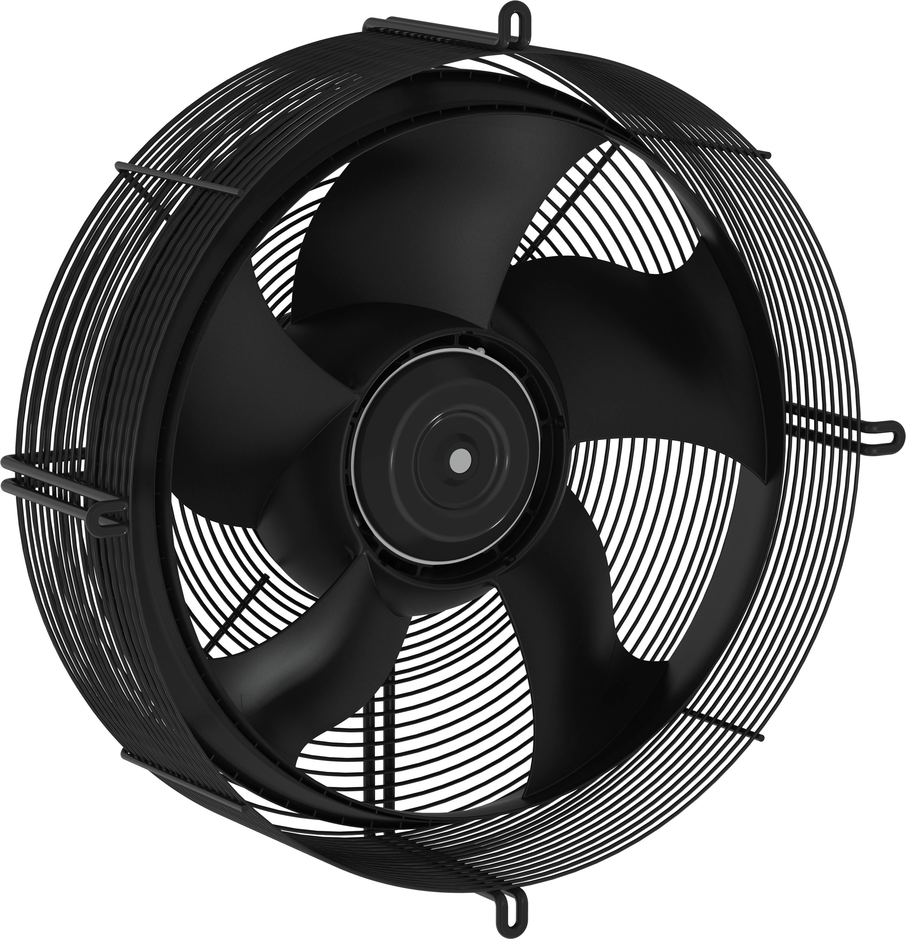 Fekete ipari falra szerelhető ventilátor védőhálós ráccsal és háromlapátos propellérrel fehér háttéren.