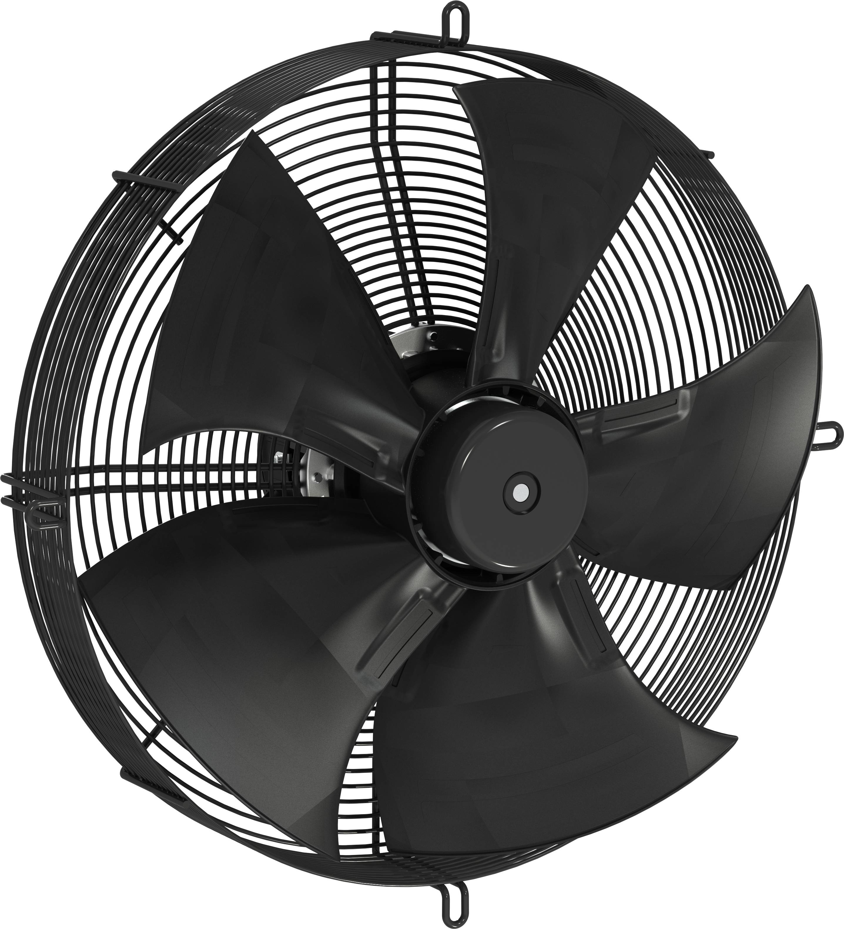 Fekete ipari falra szerelhető ventilátor öt lapáttal és védő drótráccsal fehér háttéren.