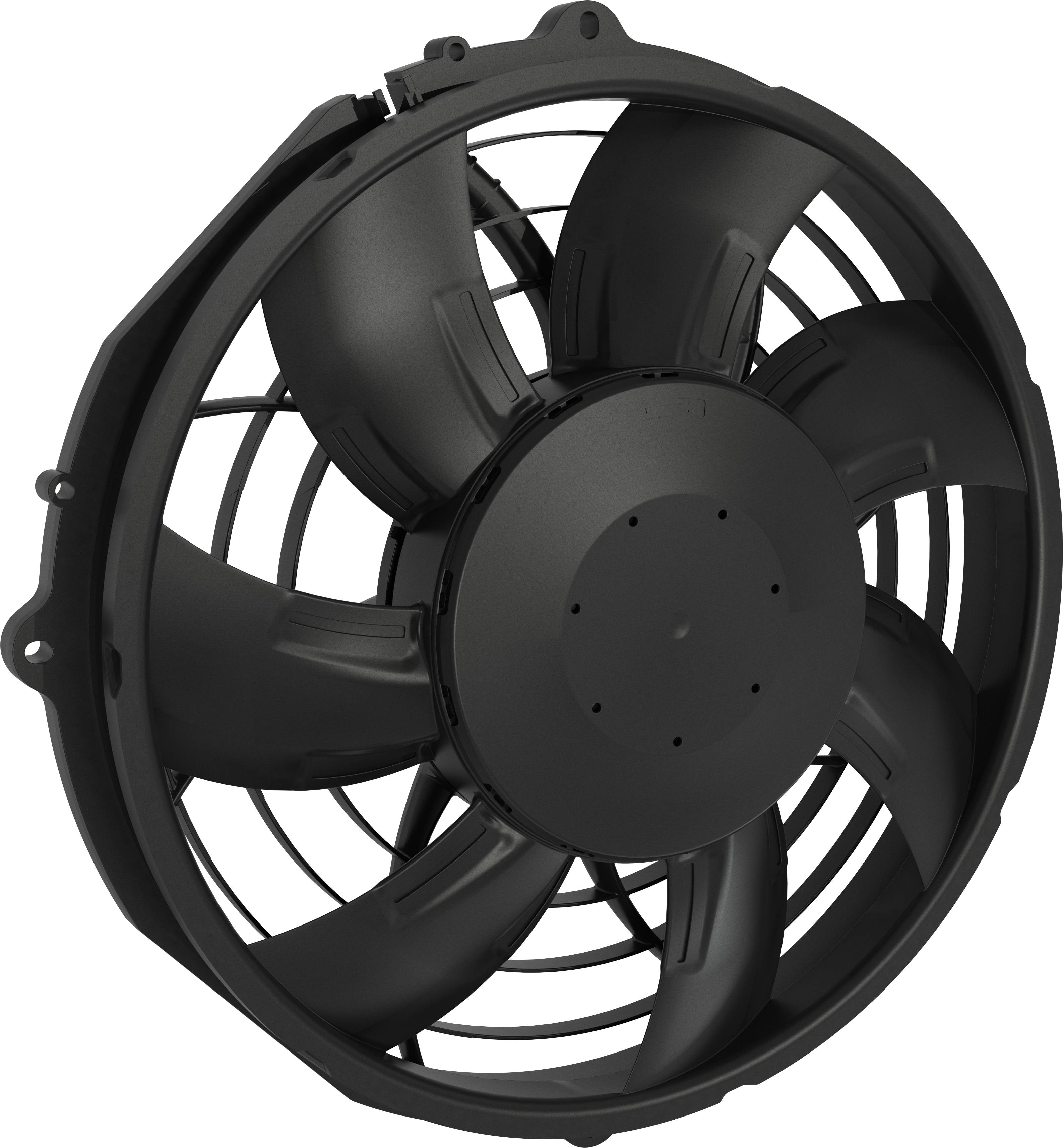 Fekete ipari tengelyes hűtőventilátor hat lapáttal kerek házban, fehér háttéren megjelenítve.