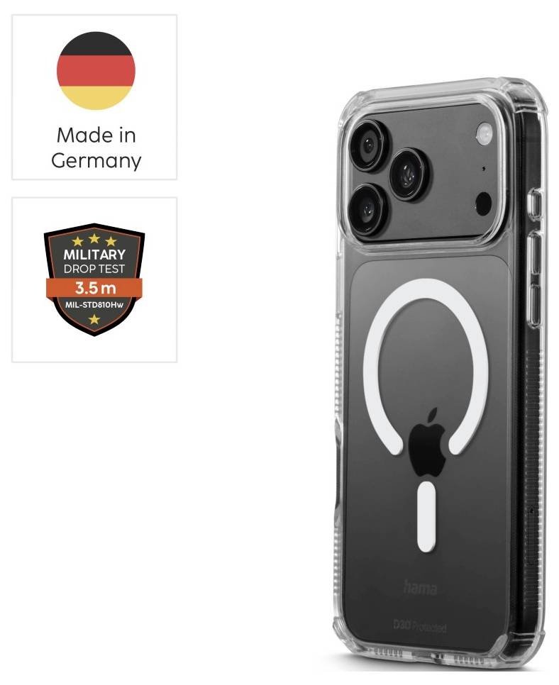Tiszta telefontokok MagSafe gyűrűvel egy iPhone-on megjelenítve, "Németországban készült" és "Katonai esésálló teszt 3,5 m" jelvényekkel.