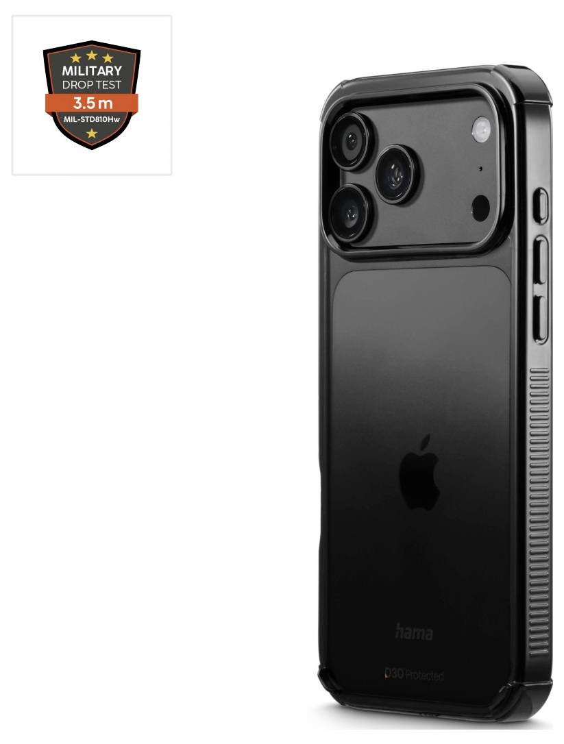 Fekete iPhone tok megemelkedett kameravédelemmel, "Military Drop Test 3.5m" jelvénnyel ellátva.