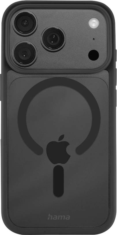 Sötétszürke iPhone tok három hátsó kamera kivágással és egy középre helyezett MagSafe gyűrűvel az Apple logó körül.