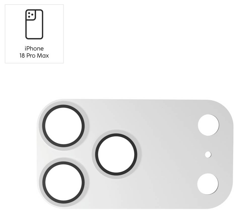 # iPhone 18 Pro Max hátoldali kameramodul diagramja<br><br>Három nagy lencséből és két kis érzékelőből álló kameramodul egy lekerekített téglalap alakú lemezen.