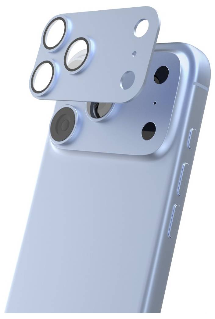 Kék okostelefon, amely hátulról látható, lebegő, emelt pozícióban lévő, levehető hármas kamera modulral.