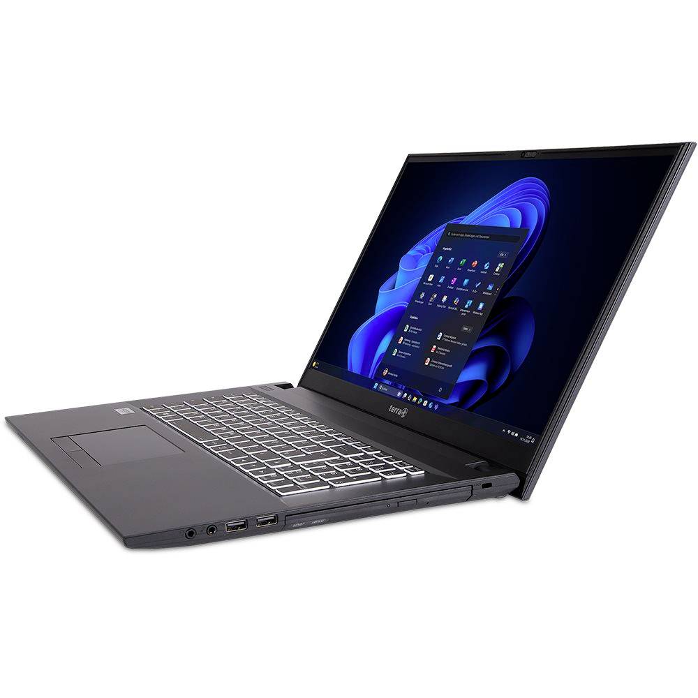Fekete MSI laptop nyitva szögben, a képernyőn egy Windows 11 asztal látható.