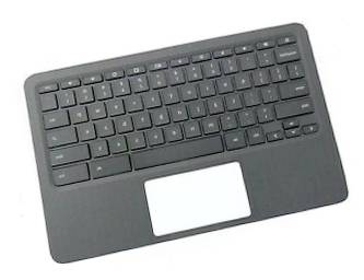 Kompakt fekete vezeték nélküli billentyűzet beépített touchpaddal fehér háttéren.