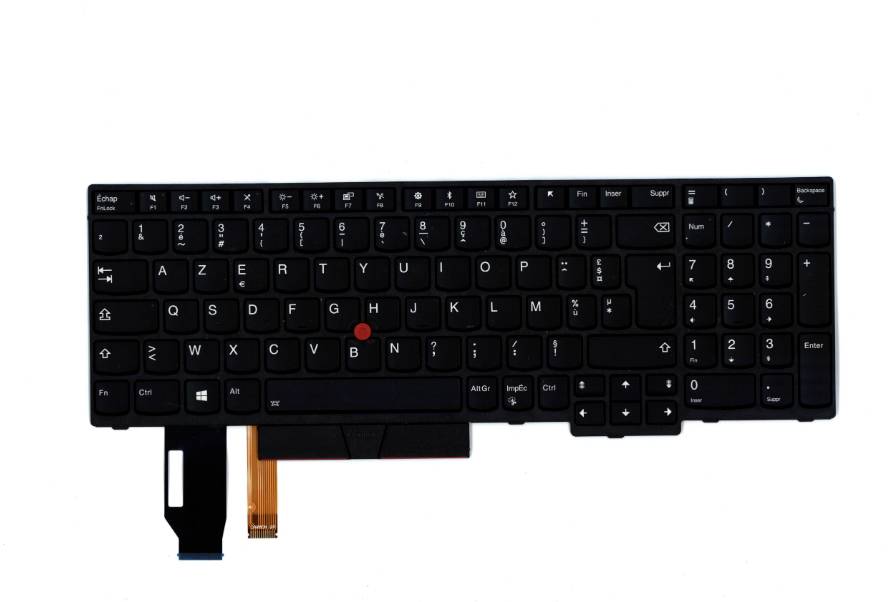Fekete Lenovo noteszgép billentyűzet beépített numerikus billentyűzettel és TrackPoint-tal, fehér háttéren megjelenítve, az alatta látható szalaggal összekötve.