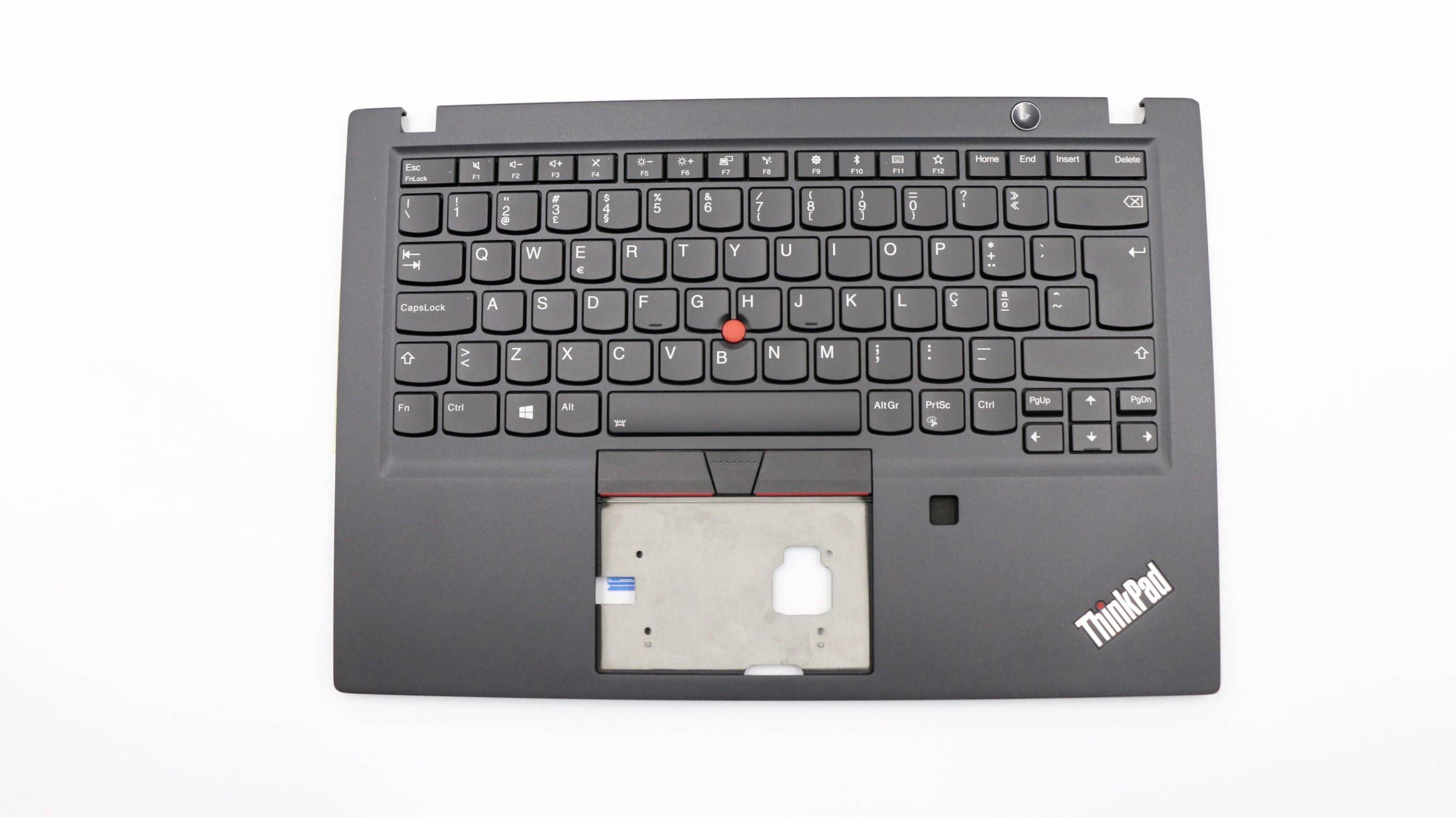 ThinkPad laptop billentyűzet és alátámasztási terület felülnézetből, amely a TrackPoint-ot, az érintőpadot és a beépített ujjlenyomatleolvasót mutatja.
