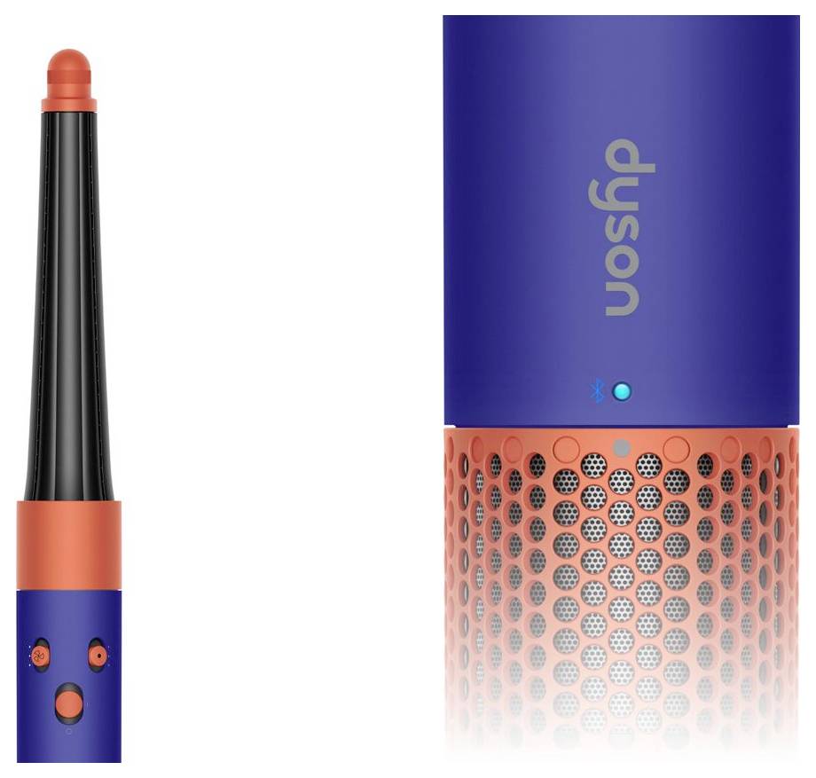 Dyson Airwrap hajstyling eszköz két nézetben: a kék-narancssárga fogantyú és a tetejének közeli képe a „dyson" logóval és szellőzőráccsal.