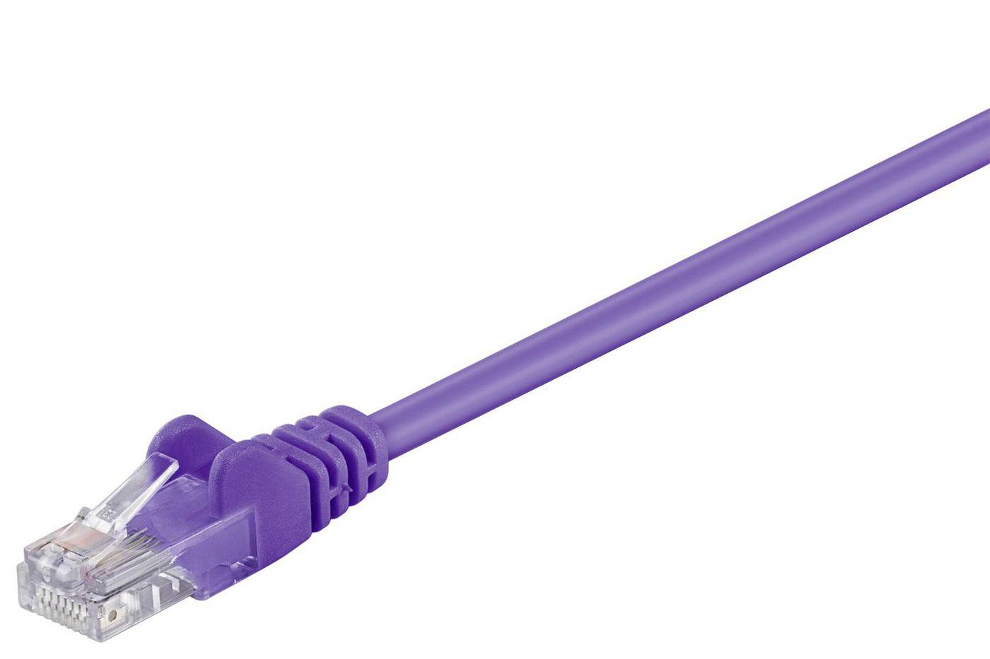 Lila Ethernet kábel RJ45 csatlakozóval fehér háttéren.