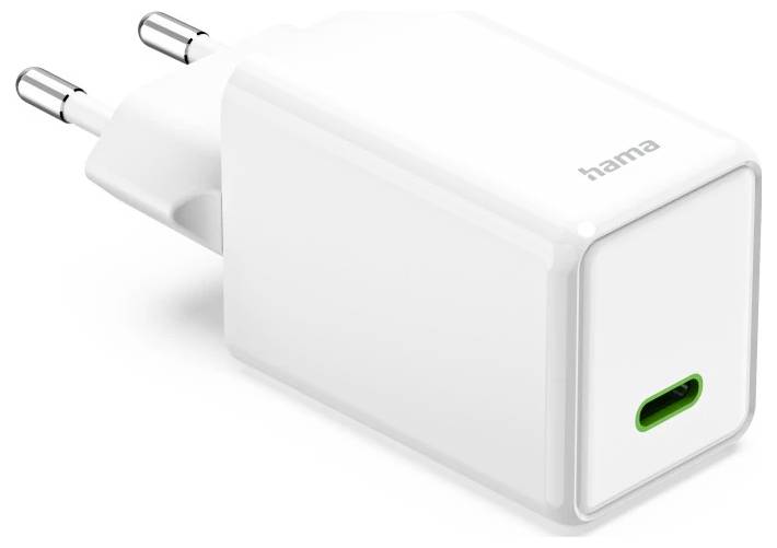 Fehér Hama USB-C falra szerelhető töltő európai csatlakozóval és egy zöld USB-C porttal
