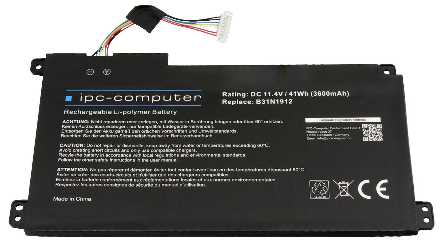 Fekete IPC-számítógép újratölthető Li-polimer akkumulátor csomag csatlakozó kábellel, DC 11,4V 41Wh (3600mAh) jelöléssel, B31N1912 helyettesítő.