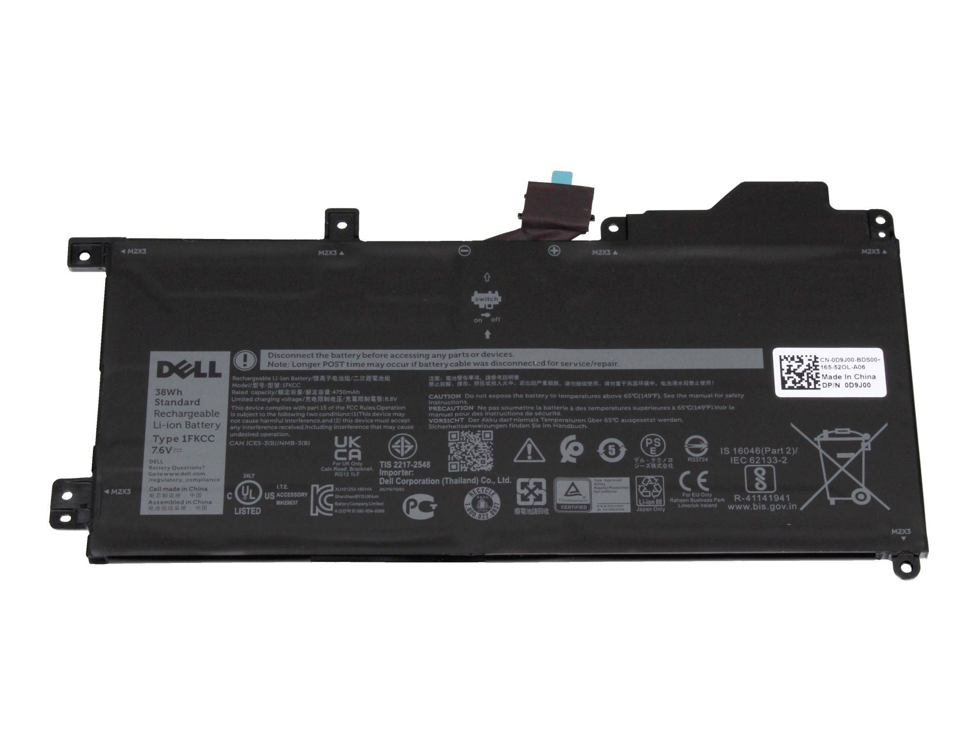 Dell laptop akkumulátor csomag elölnézetből, fekete téglalap alakú modul konektorral és nyomtatott címkékkel/ikonokkal.