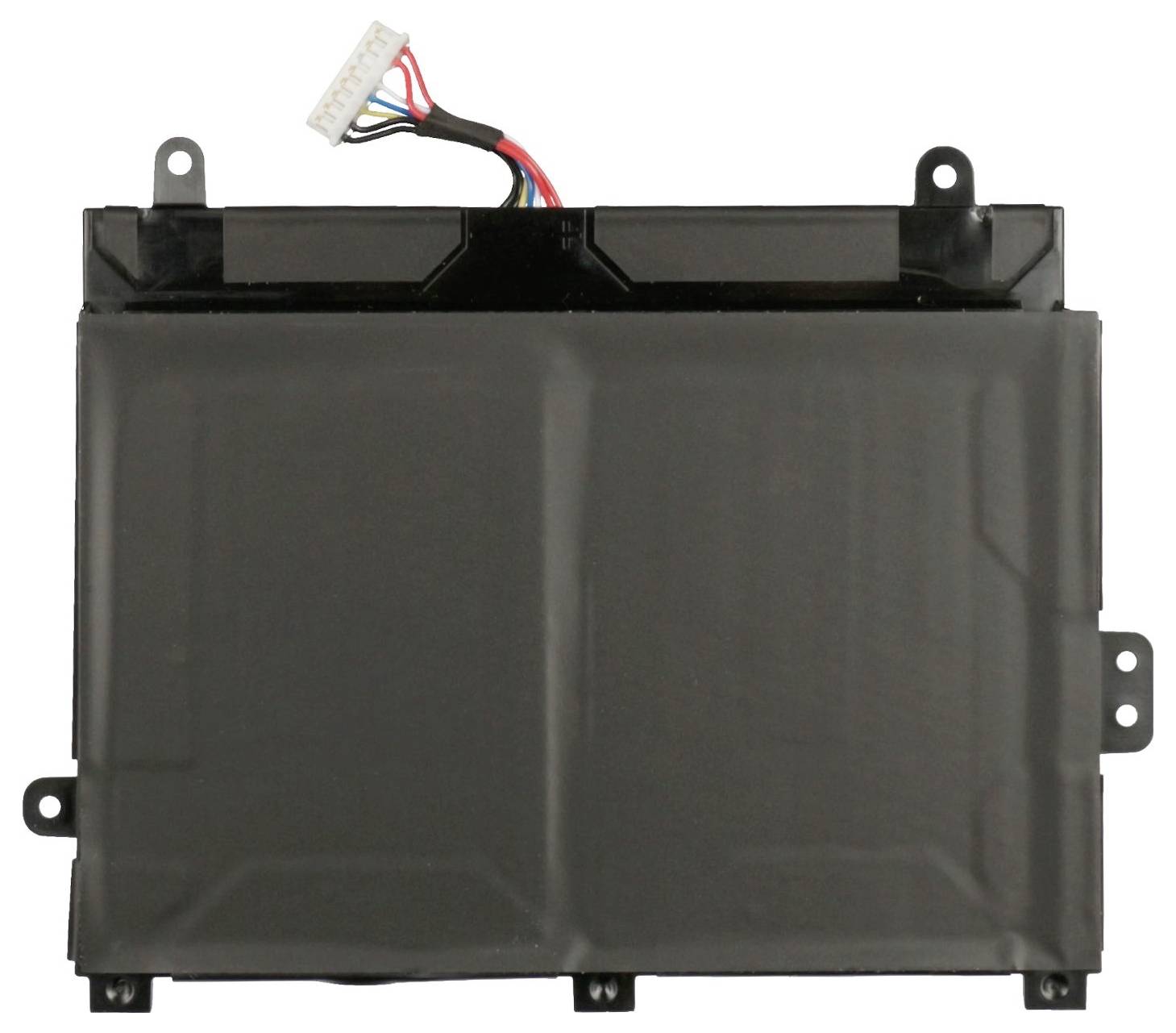 Fekete téglalap alakú elektronikus akkumulátor csomag csatlakoztatott vezeték csatlakozóval és rögzítési fülekkel fehér háttéren
