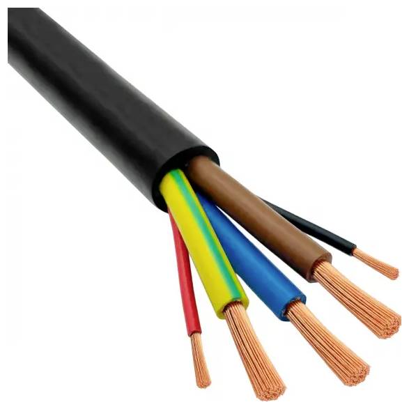 Fekete elektromos kábel közeli képe öt feltárt rézhuzallal, mindegyik színkódolt: piros, sárga-zöld, kék, barna és fekete.