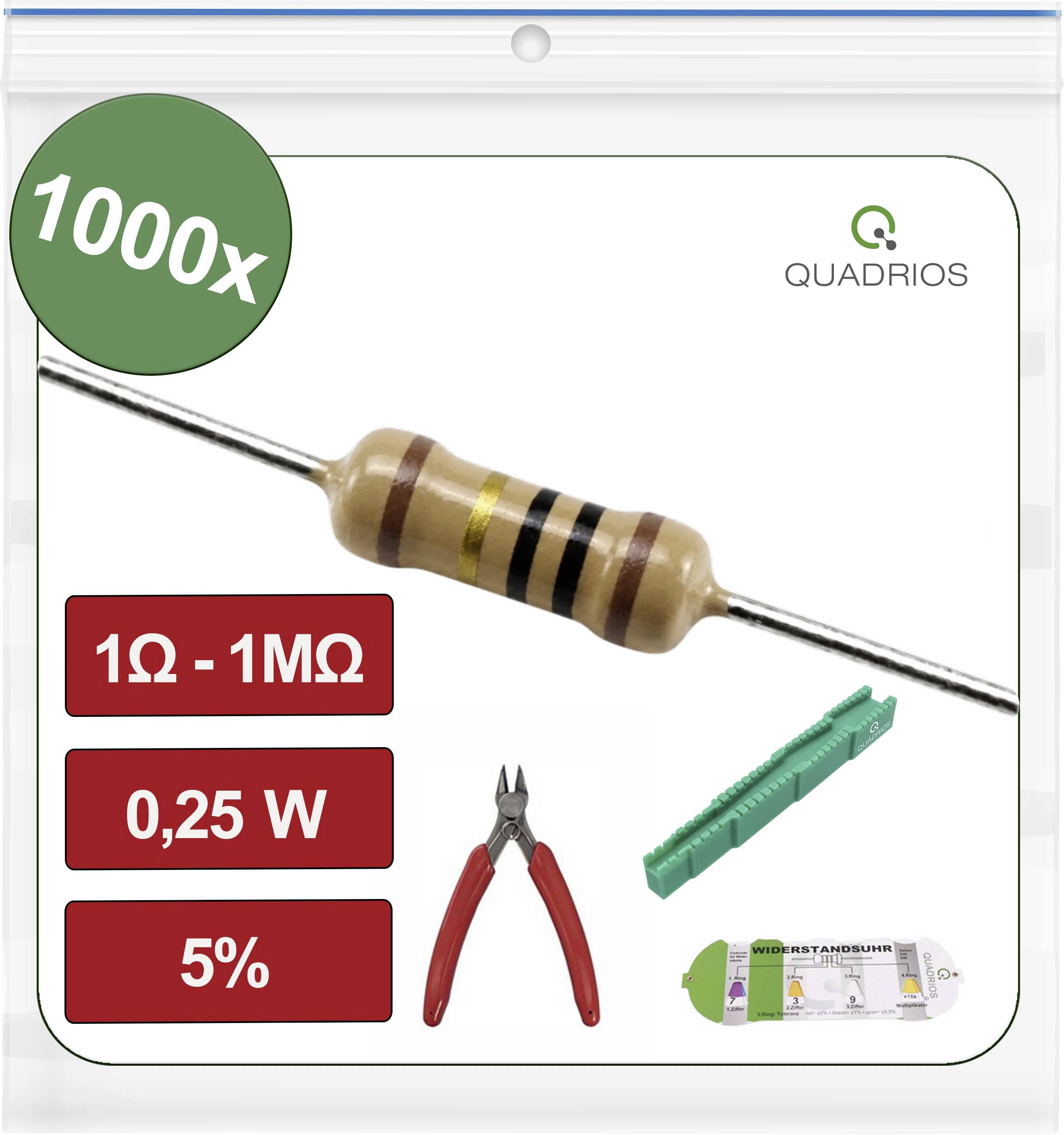 Egy tengelyes ellenállás termékképe színsávokkal, feliratozva „1000x", „1Ω - 1MΩ", „0,25 W" és „5%", Quadrios márkajelzéssel és kis szerszám-/kiegészítő ikonokkal.