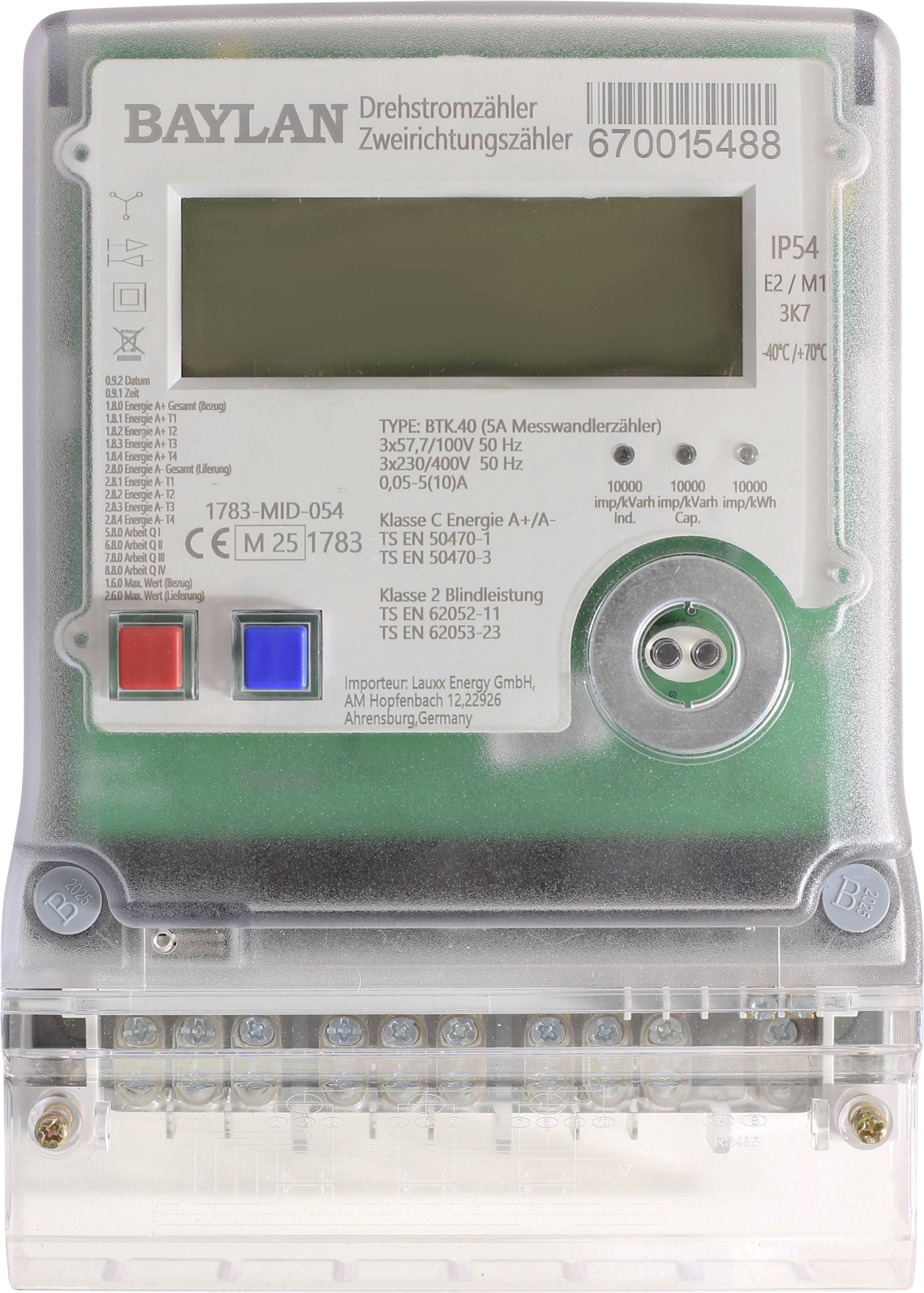 Egy digitális kijelzővel ellátott elektromos mérő, amely BAYLAN márkajelzéssel rendelkezik, átlátszó műanyag tokba szerelve piros és kék gombokkal, valamint terminálcsatlakozásokkal az alján.