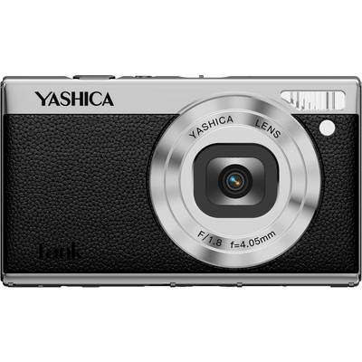 Egy ezüst Yashica kompakt digitális fényképezőgép közeli képe fekete textúrázott elölappal, középen jobbra helyezett objektívvel és a jobb felső sarokban található vakuval.