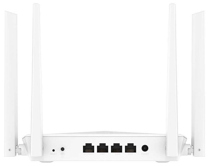 Fehér Wi‑Fi router négy külső antennával és négy Ethernet porttal, frontális nézetben síma háttéren megjelenítve.