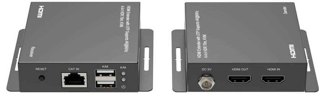 A LecNet készülék oldalnézete, amely a vezérlőelemeket és portokat mutatja: reset, Cat bemenet, USB, I/O, DC tápellátás, HDMI kimenet és HDMI bemenet.
