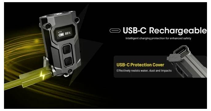Egy kemény eszköz promóciós képe USB-C újratölthető akkumulátorral, amely védőborítást mutat vízálló, porálló és ütésálló védelemhez; a szöveg a „USB-C újratölthető" és „USB-C védelmi borítás" feliratokat tartalmazza.