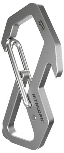 Ezüst NITECORE NSHID karabiner klip záró kaputtal, fehér háttéren bemutatva.