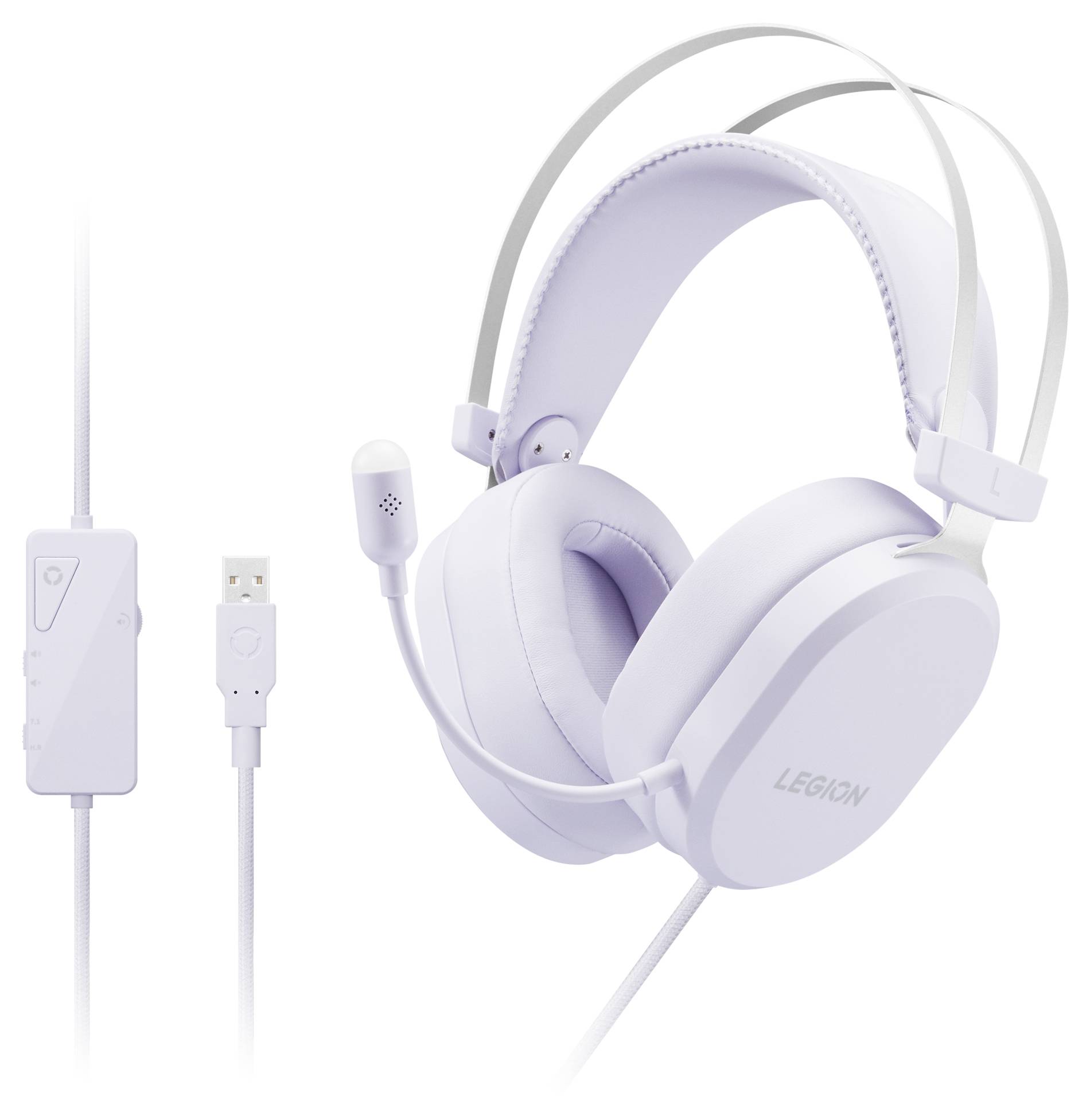 Fehér over-ear gamer fejhallgató csatlakoztatott boom mikrofonnal és beépített USB vezérléssel, kábellel és USB csatlakozóval fehér háttéren megjelenítve.