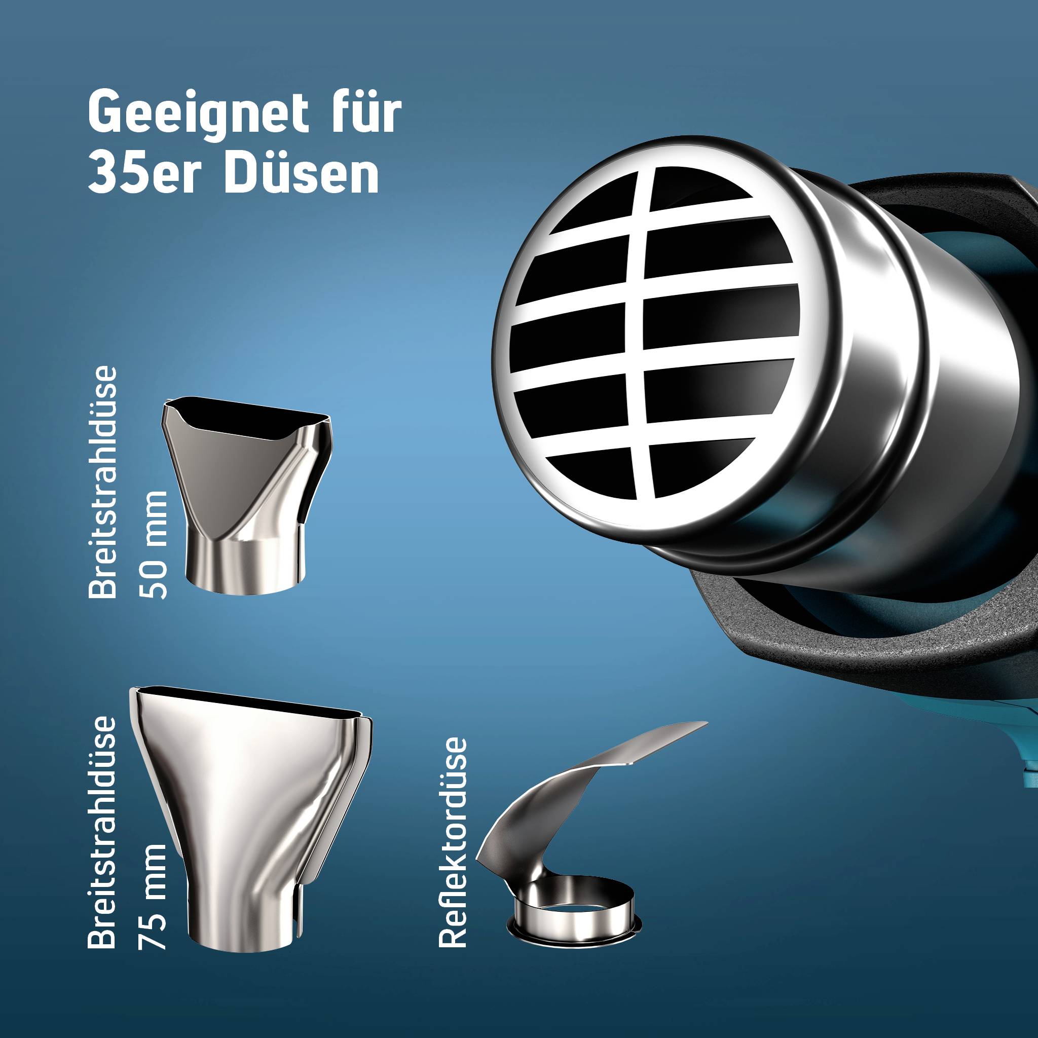 Fúvóka kompatibilitást mutató ábra: „35-ös fúvókákhoz alkalmas" három fúvókatípussal: Szélsávfúvóka 50 mm, Szélsávfúvóka 75 mm és Reflektorfúvóka, valamint a szórómotor nyílásának nagyított nézete.