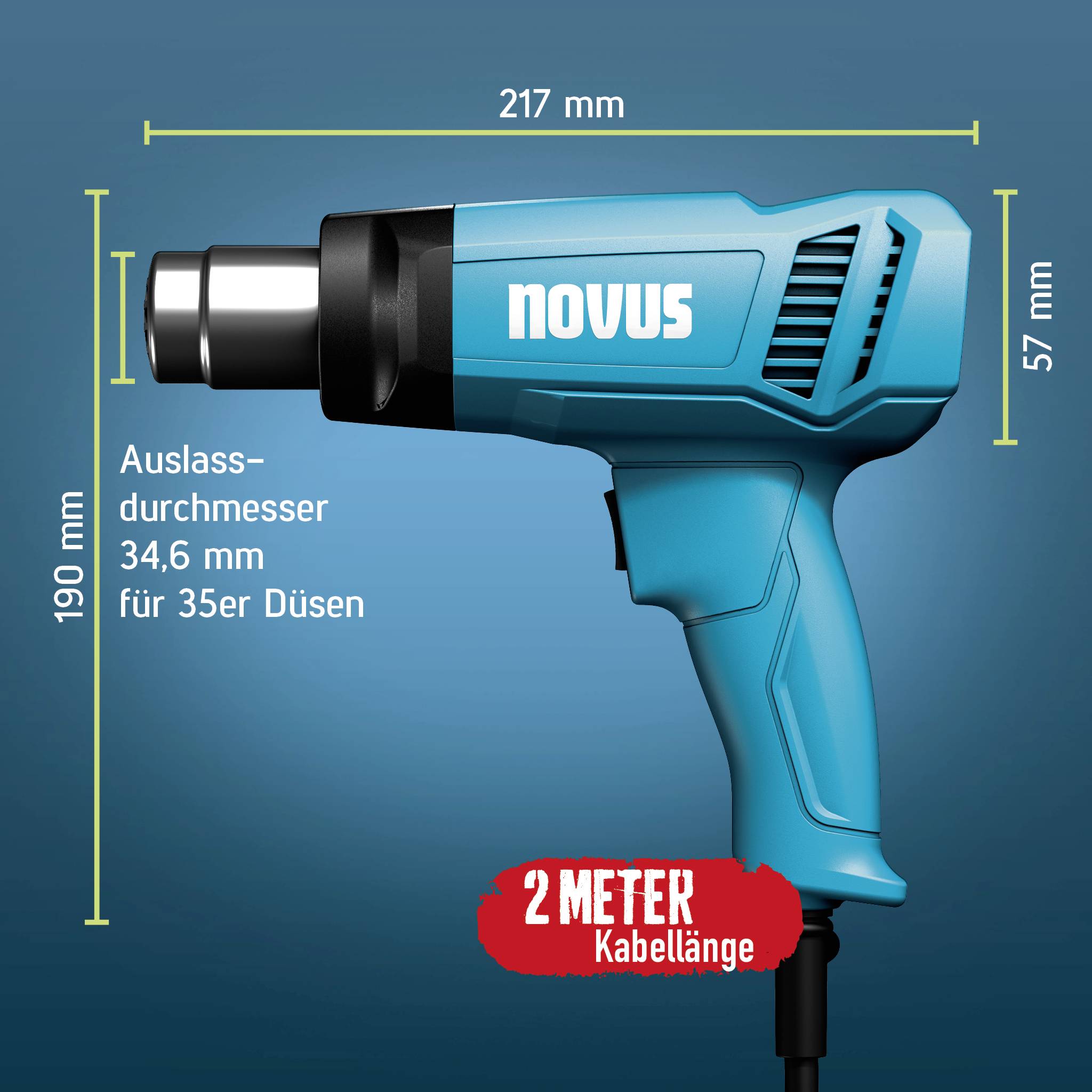 Egy Novus forrólevegős pisztoly illusztrációja, amelyen a következő méretek vannak jelölve: 217 mm hosszú, 190 mm magas, 57 mm széles, és 34,6 mm kimeneti átmérő 35 mm-es fúvókákhoz; a „2 METER Kabellänge" (2 méteres kábelhossz) feltüntetett.