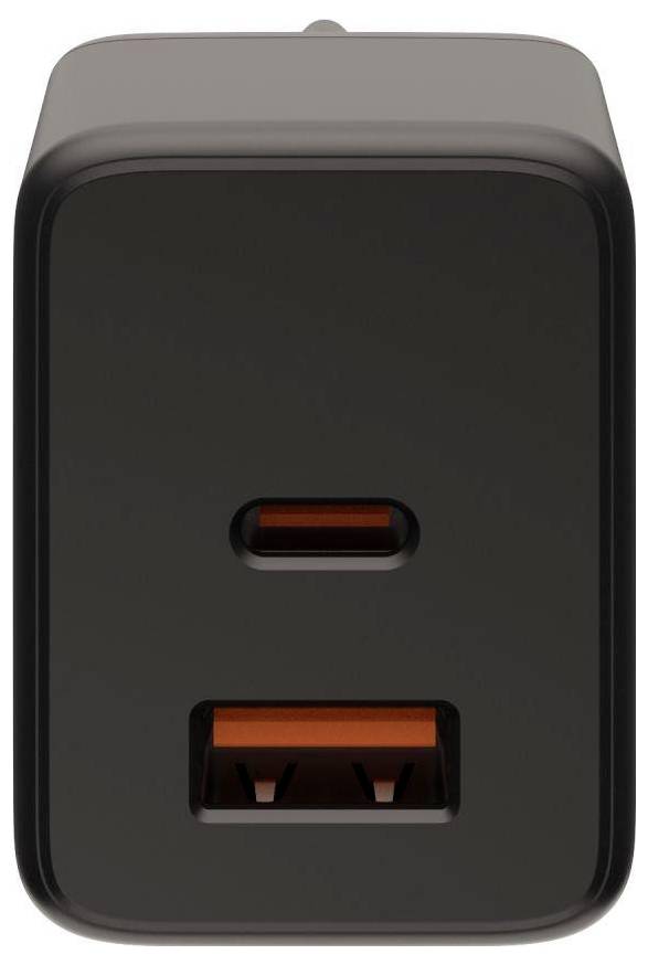 Fekete falitöltő egy USB-C porttal a fölött egy USB-A port felett, elölnézetben fehér háttéren mutatva.