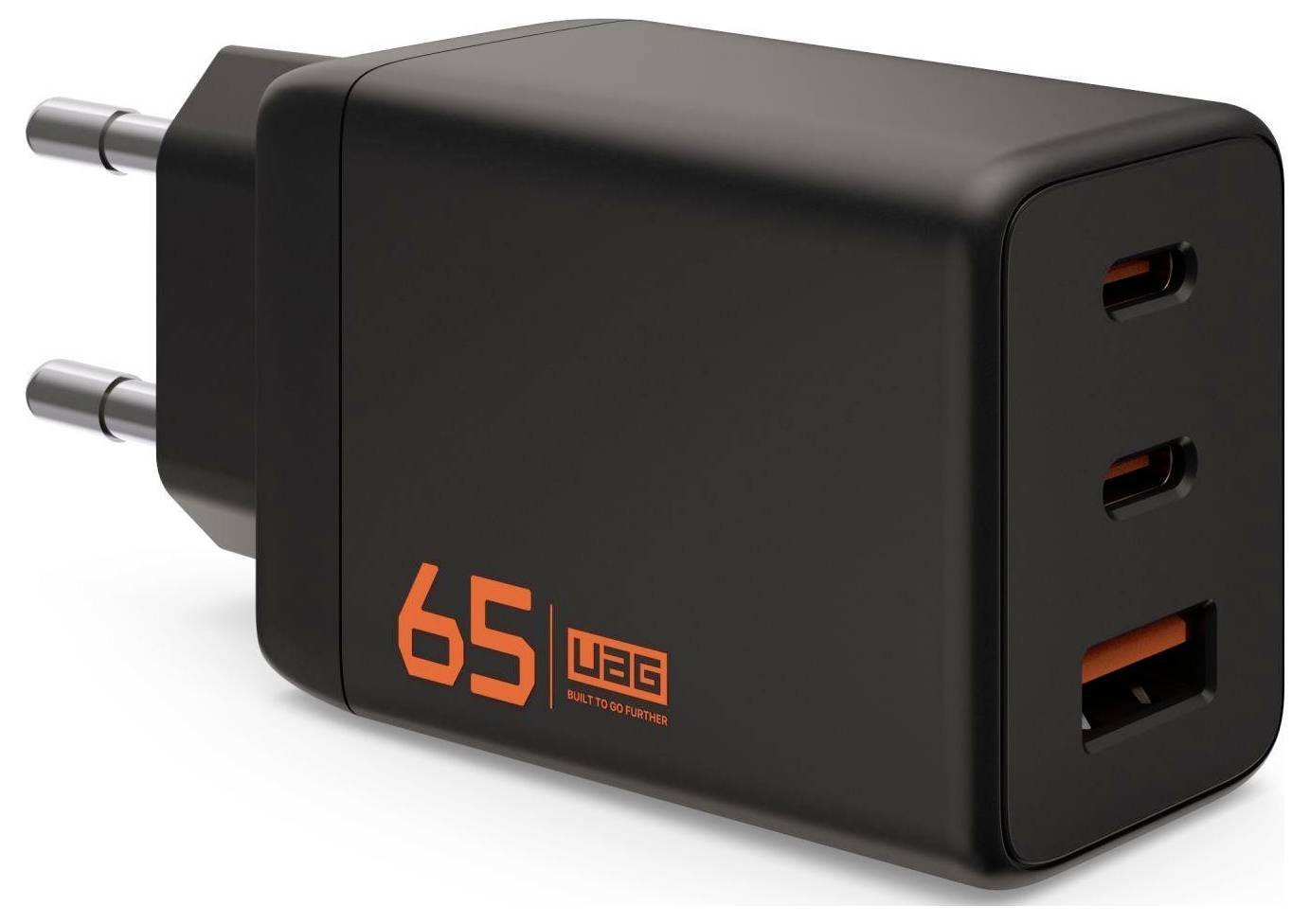 Fekete USB fali töltő két kerek csatlakozóval és három USB porttal, az oldalán "65"-ös felirattal.