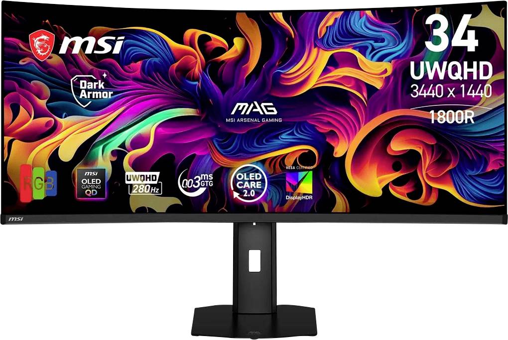 MSI gaming monitor, színes absztrakt megjelenítéssel, 34 hüvelykes UWQHD 3440 x 1440 feliratzással, 180Hz, OLED Care 2.0 és RGB funkciókkal a talapzaton.