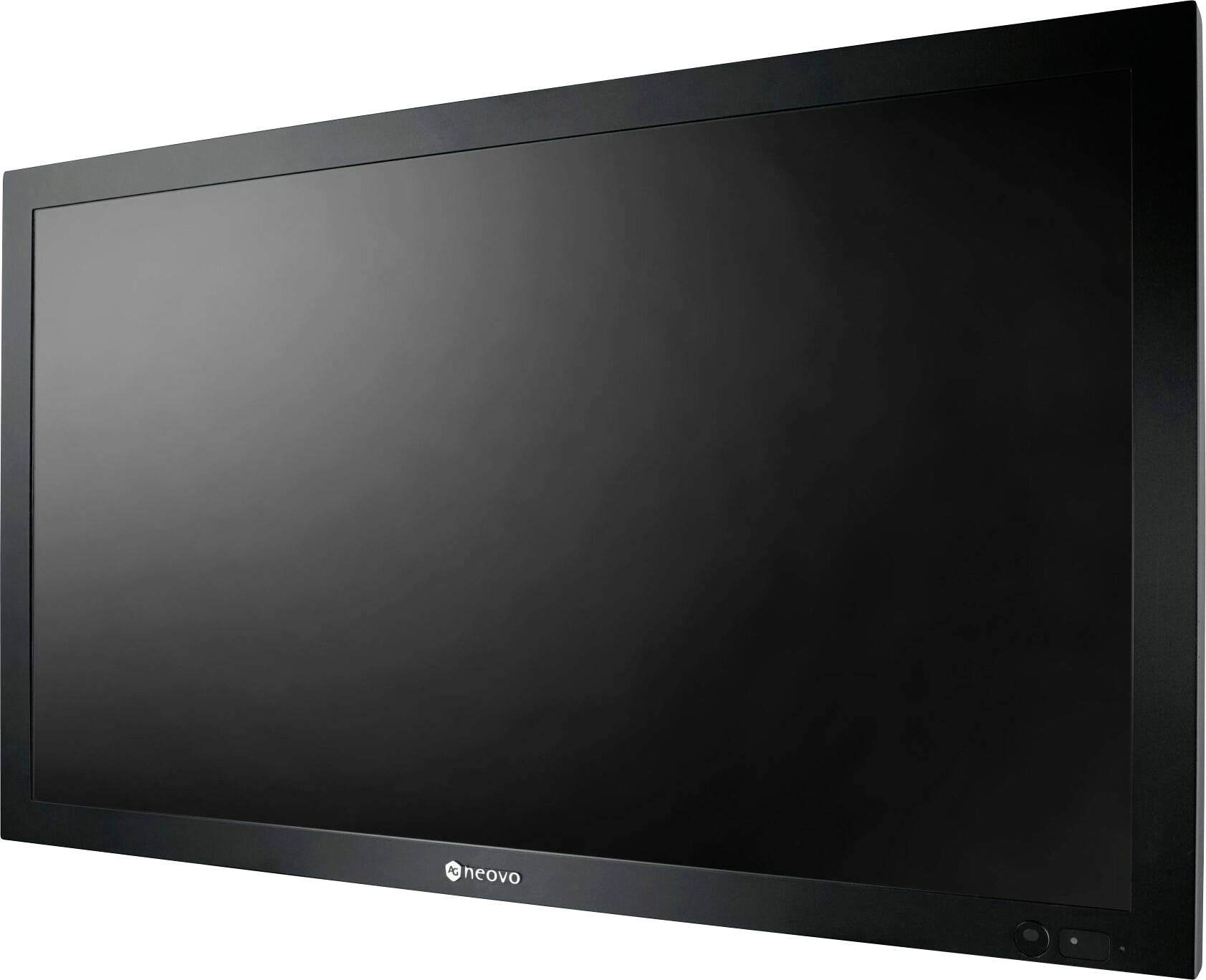 Fekete lapos képernyőjű monitor vagy tévé üres képernyővel, szögből nézve.