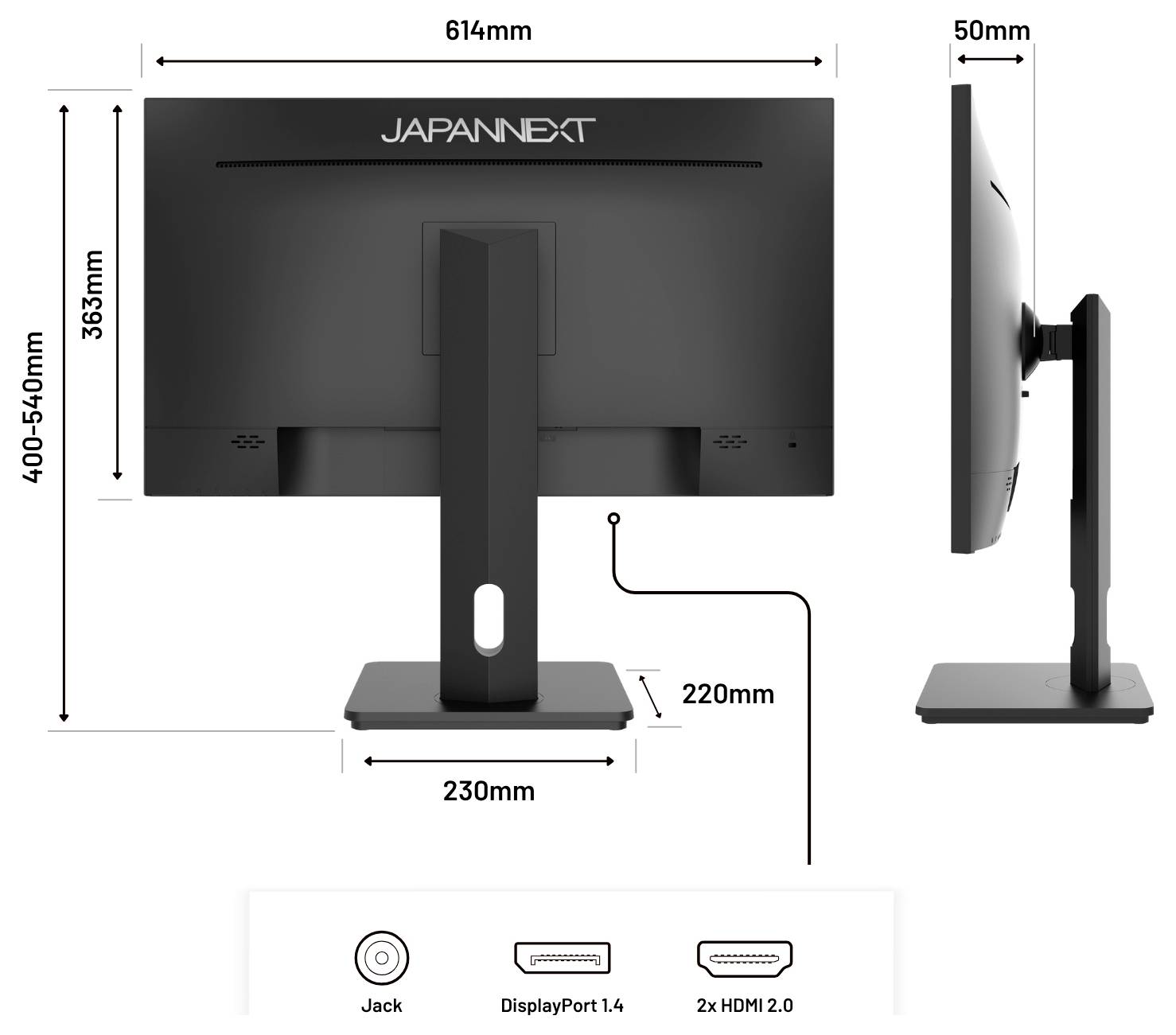 JAPANNEXT monitortartó dimenziós diagramja: 614 mm széles, 363 mm magas, 50 mm mély, magassága 400-540 mm között állítható; alap 230 mm x 220 mm.
