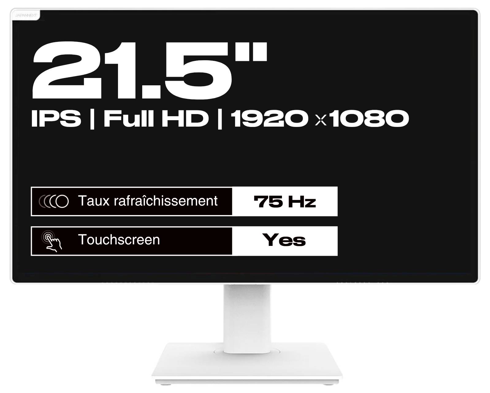 21,5 hüvelykes IPS Full HD monitor állványon, amely 1920 x 1080 felbontást, 75 Hz frissítési gyakoriságot és érintőképernyő-támogatást mutat: 'Igen'.