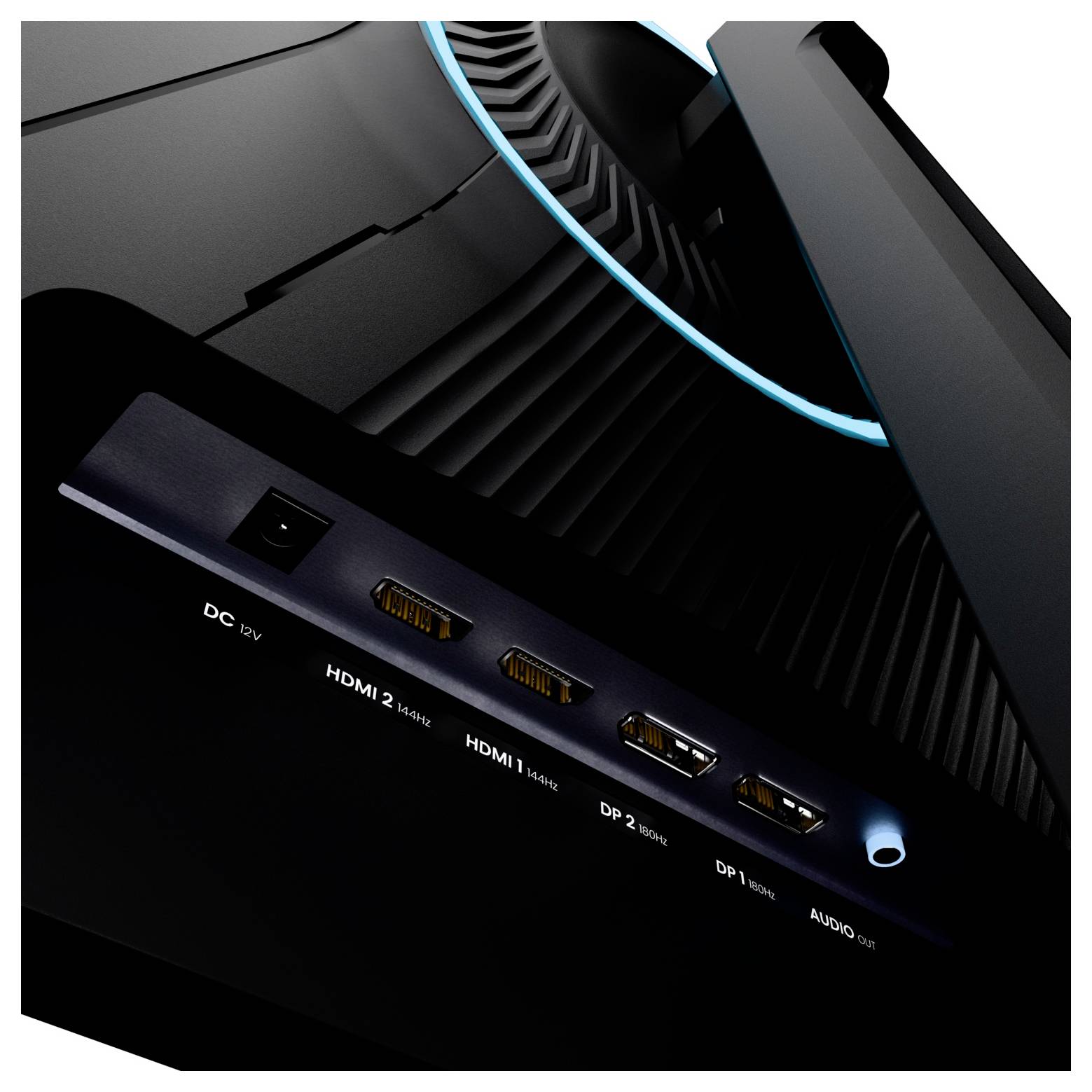 Egy grafikus kártya hátsó I/O paneljének közelképe felcímkézett portokkal: DC 12V, HDMI 2.1, HDMI 1.4, két DisplayPort kimenet és audio kimenet.