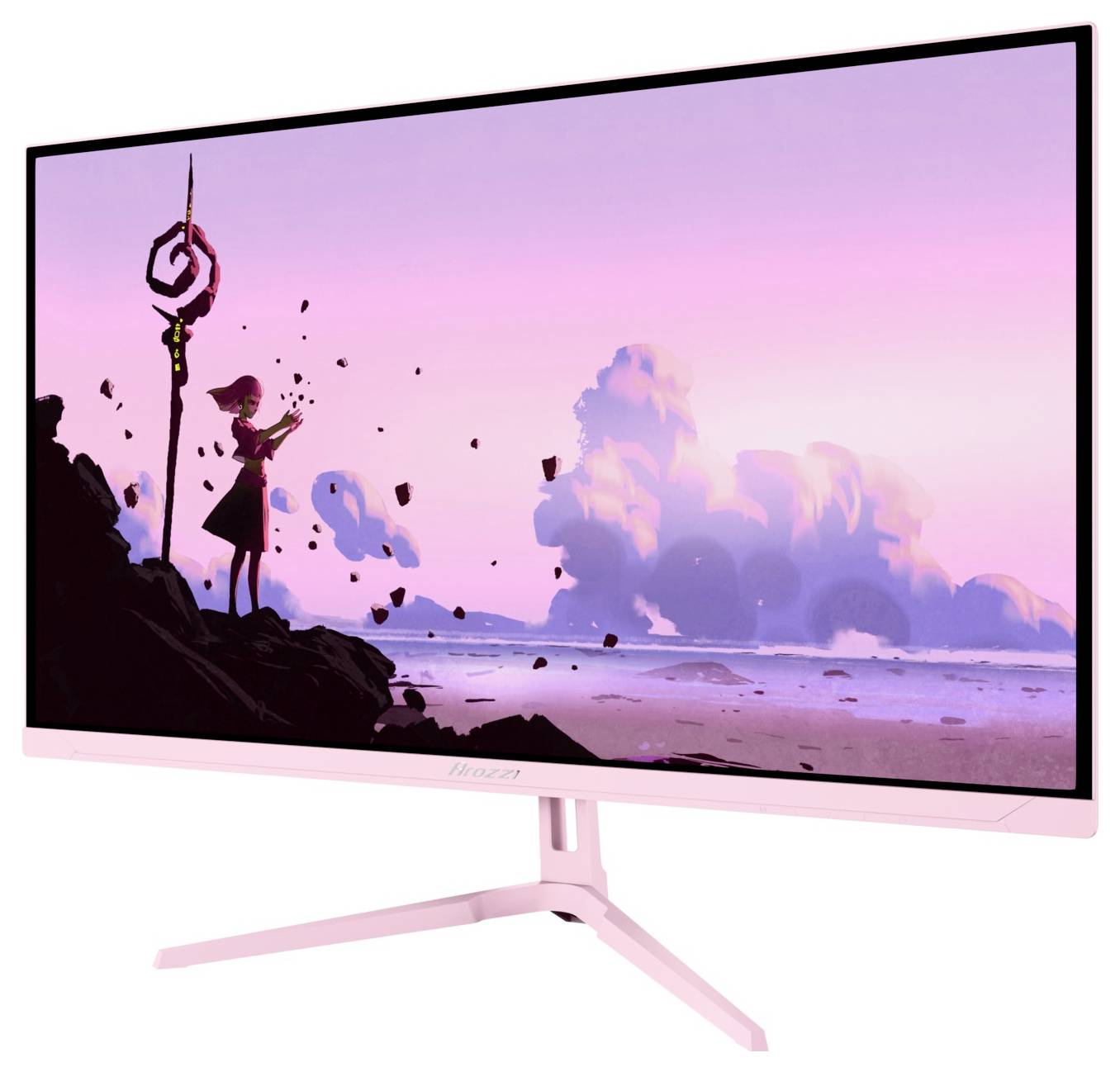 Rózsaszín gamer monitor, amely egy fantasy naplemenet jelenetet jelenít meg, egy sziluettben megjelenő karakterrel, aki egy botot tart egy sziklás parton, pasztell színű felhők alatt.