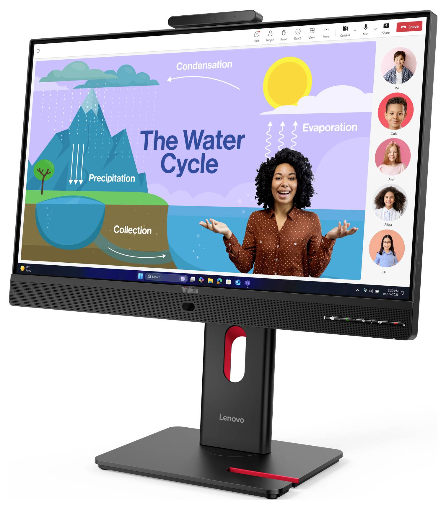 Lenovo monitor, amely egy "A vízkör" címet viselő online leckesodot jelenít meg, amely felcímkézett párolgást, lecsapódást, csapadékot és gyűjtést mutat, valamint egy tanárt a képernyőn és diák-miniatűröket.