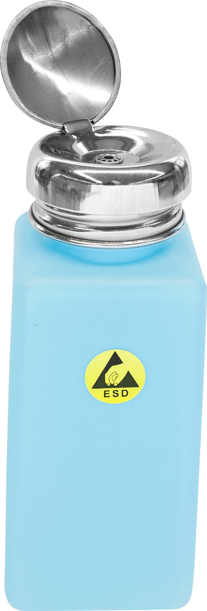 Kék ESD-biztos szorítható palack fém felhajtható kupakkal és sárga ESD figyelmeztetési címkével