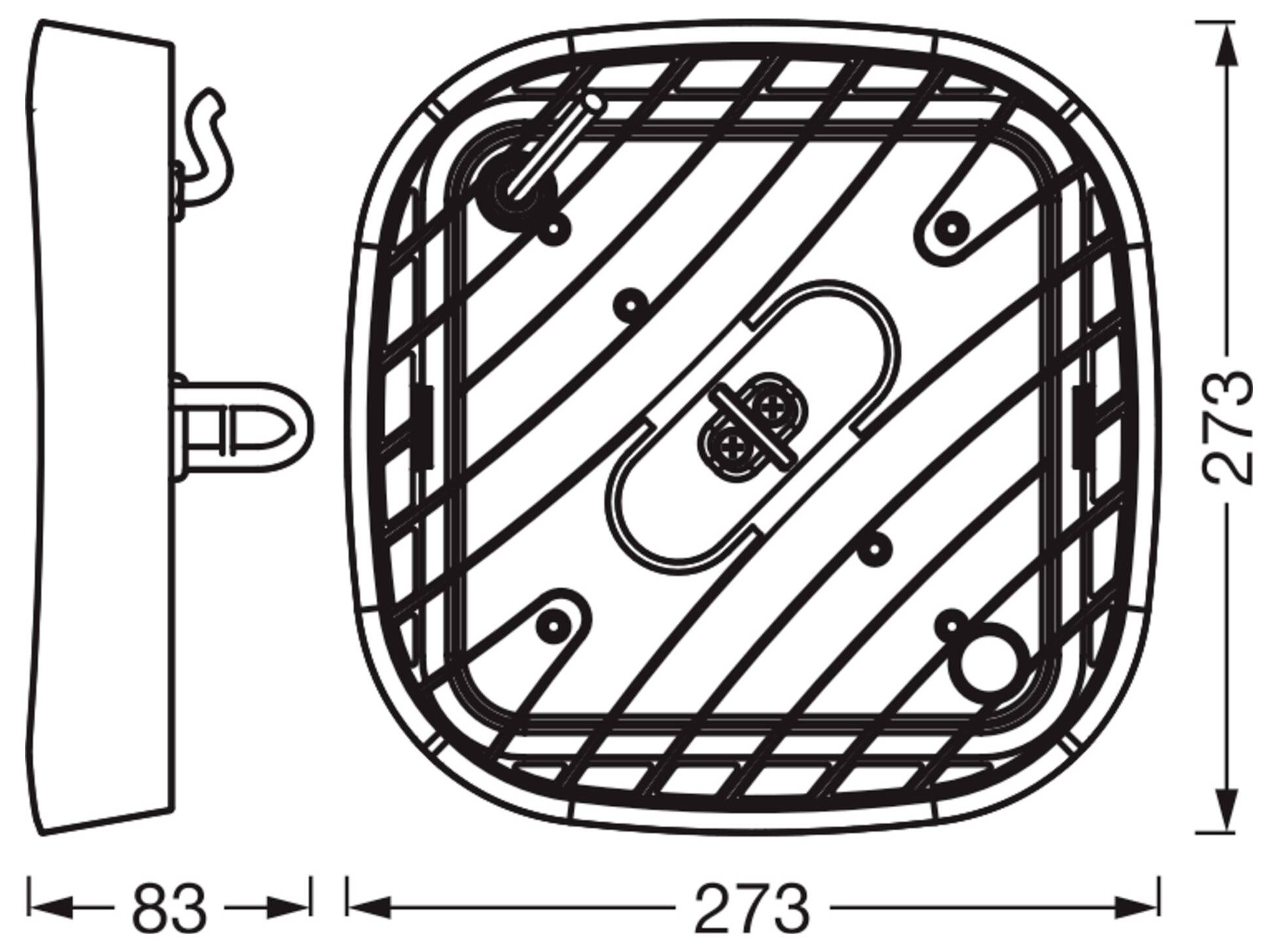 Négyzet alakú mennyezeti lámpatest technikai vonalrajza lekerekített sarkokkal, elöl- és oldalnézet megjelenítésével, méretei 273 x 273 mm, mélysége 83 mm.