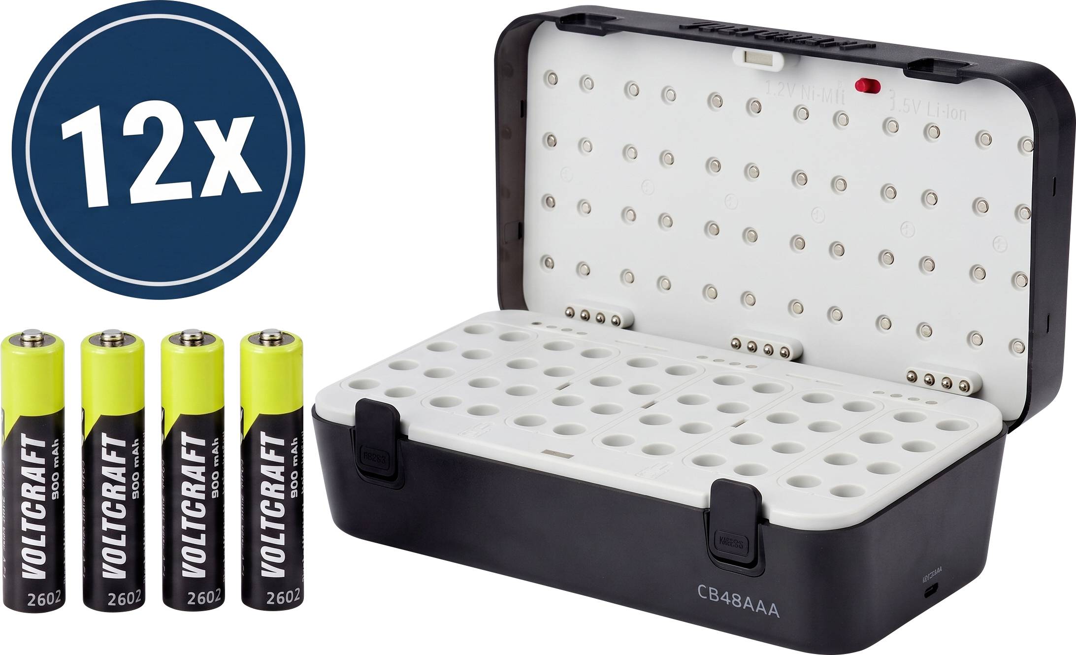 12 darabos elem készlet tárolódobozzal, amely 12 elemet tartalmaz, négy látható elem mellett mutatva, amely VOLTCRAFT felirattal van jelölve.